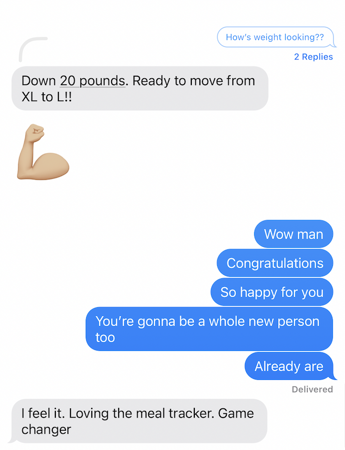 Client message showing 20 pound weight loss success