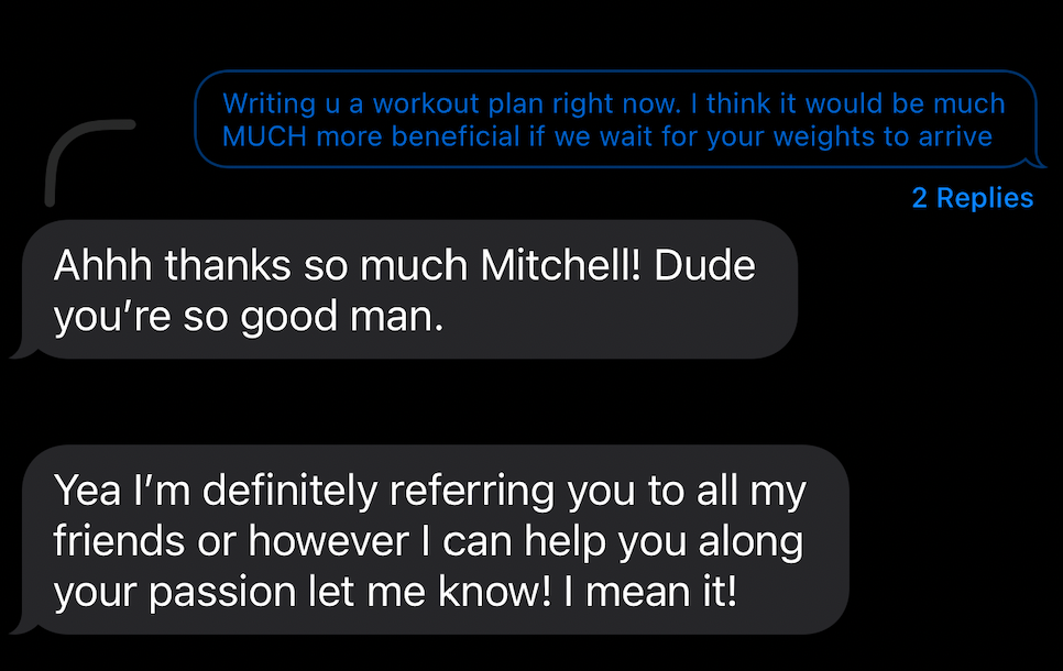 Client message showing gratitude and referral offer