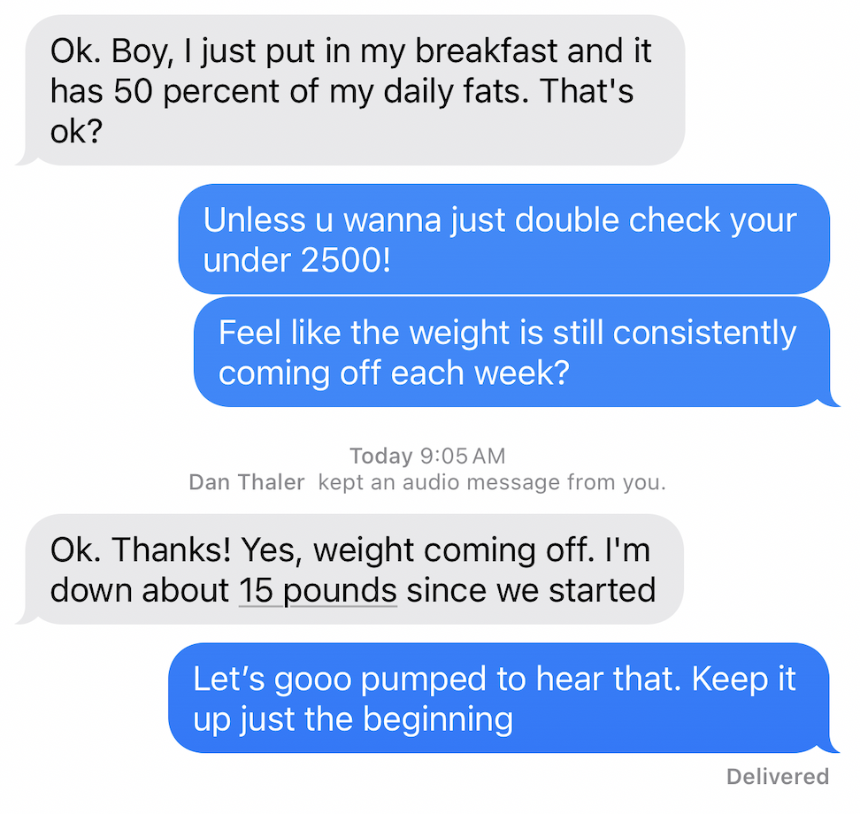 Client message about 15 pound weight loss progress