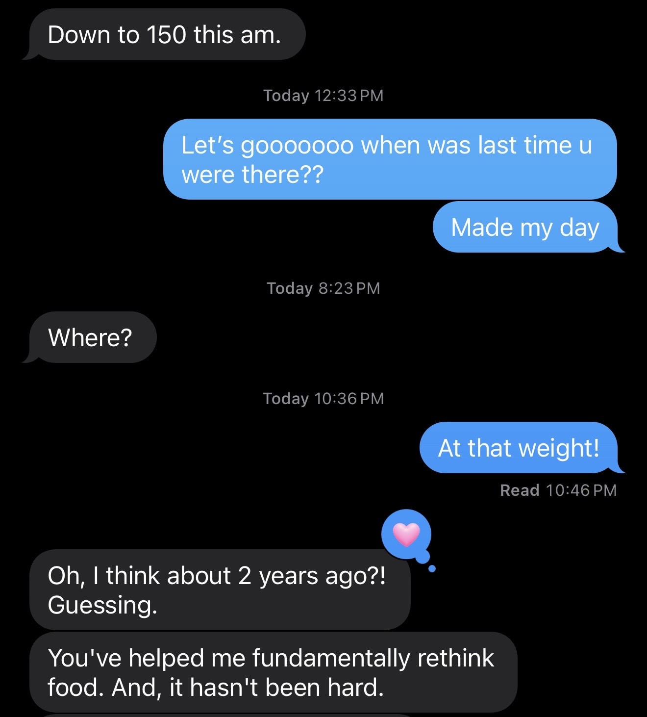 Client message about weight loss progress and food mindset transformation