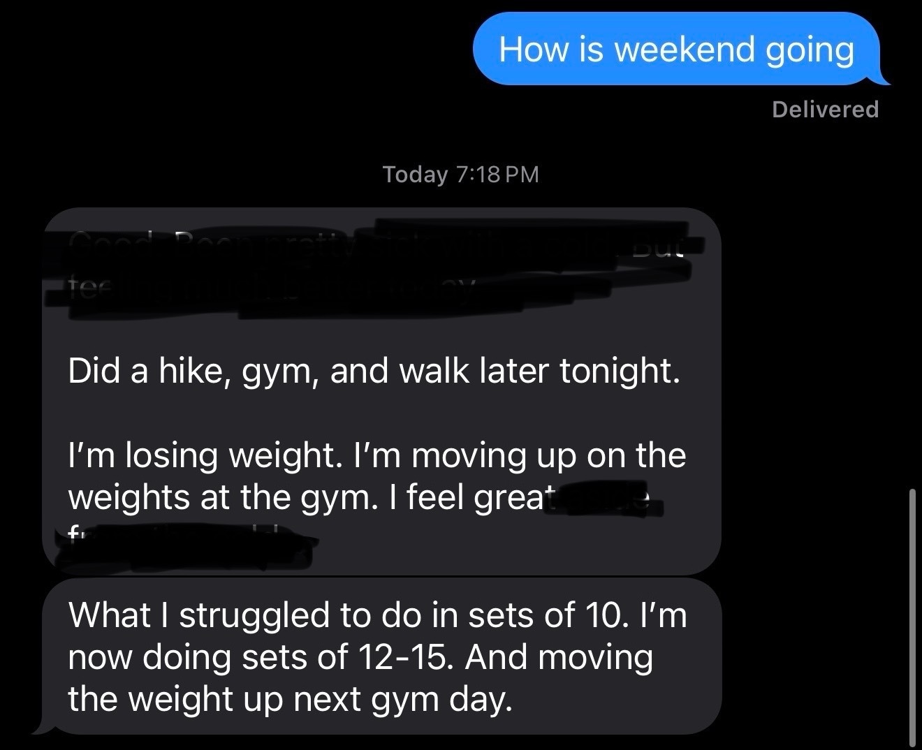 Client testimonial about gym progress and feeling great