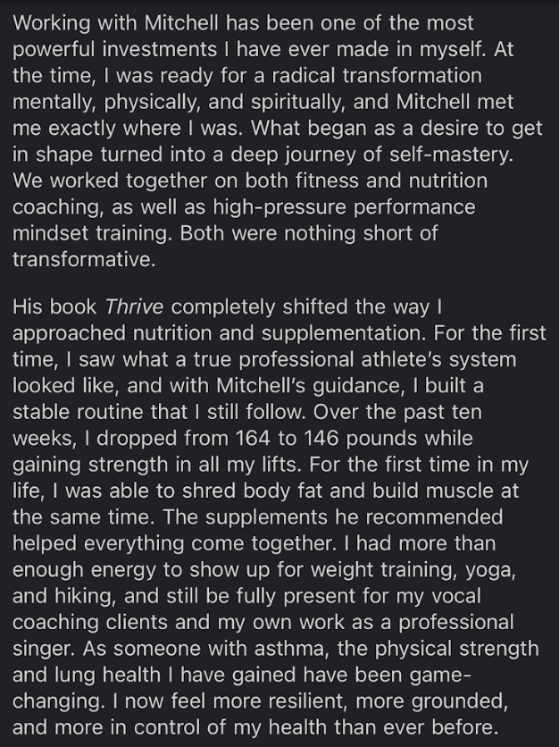 Client written testimonial about transformation and dropping from 164 to 146 pounds