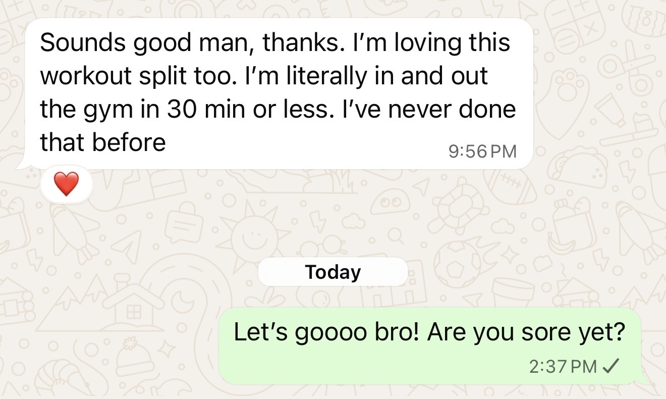 Client testimonial about efficient 30-minute workouts