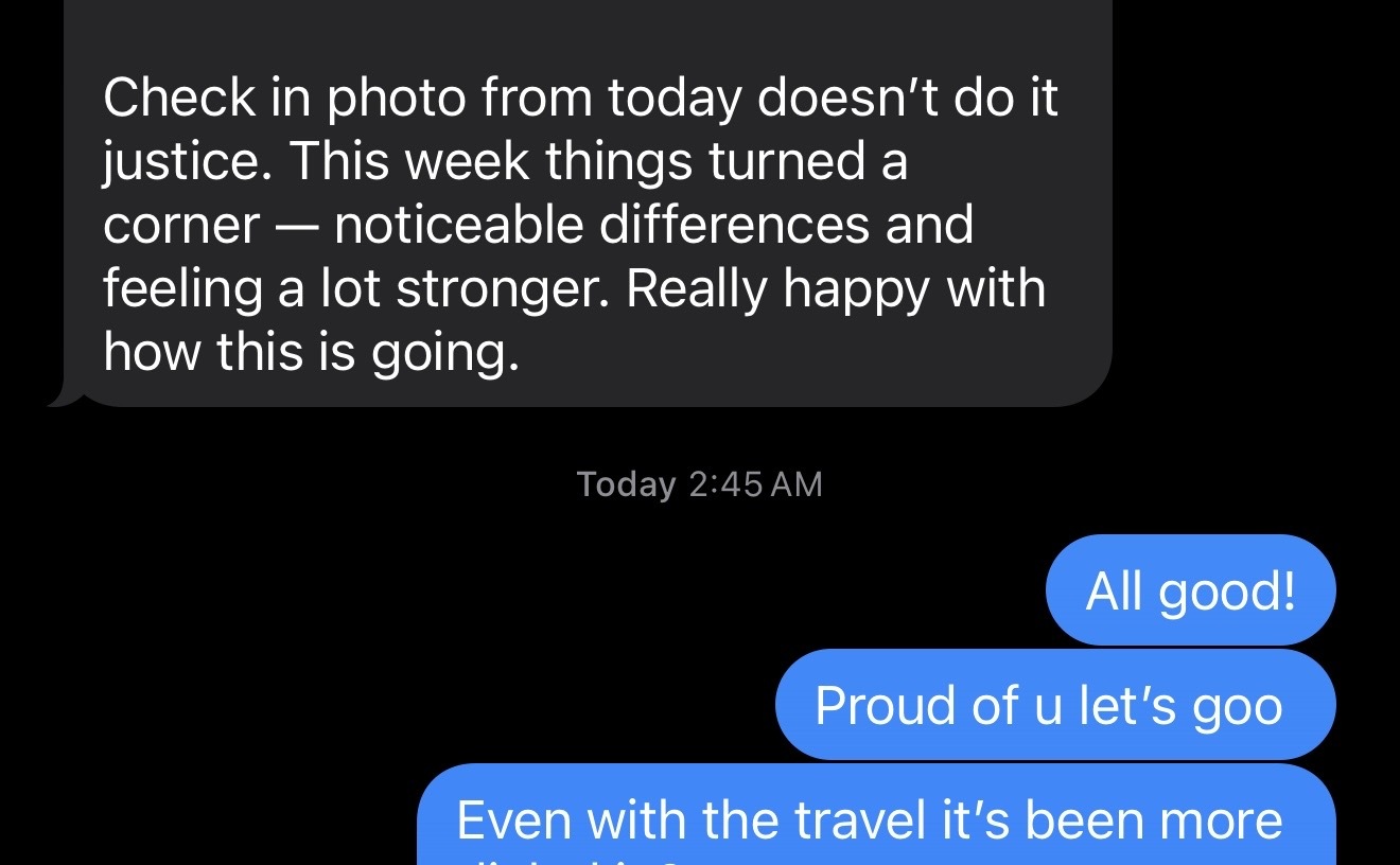 Client testimonial message about feeling stronger and noticing changes