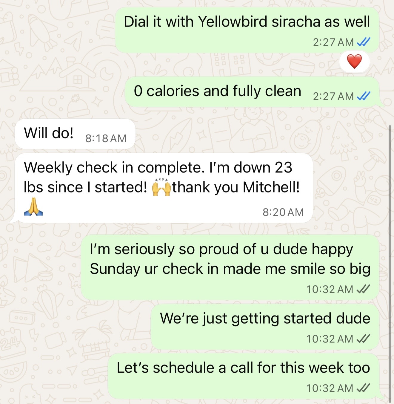 Client testimonial message about 23 lbs weight loss