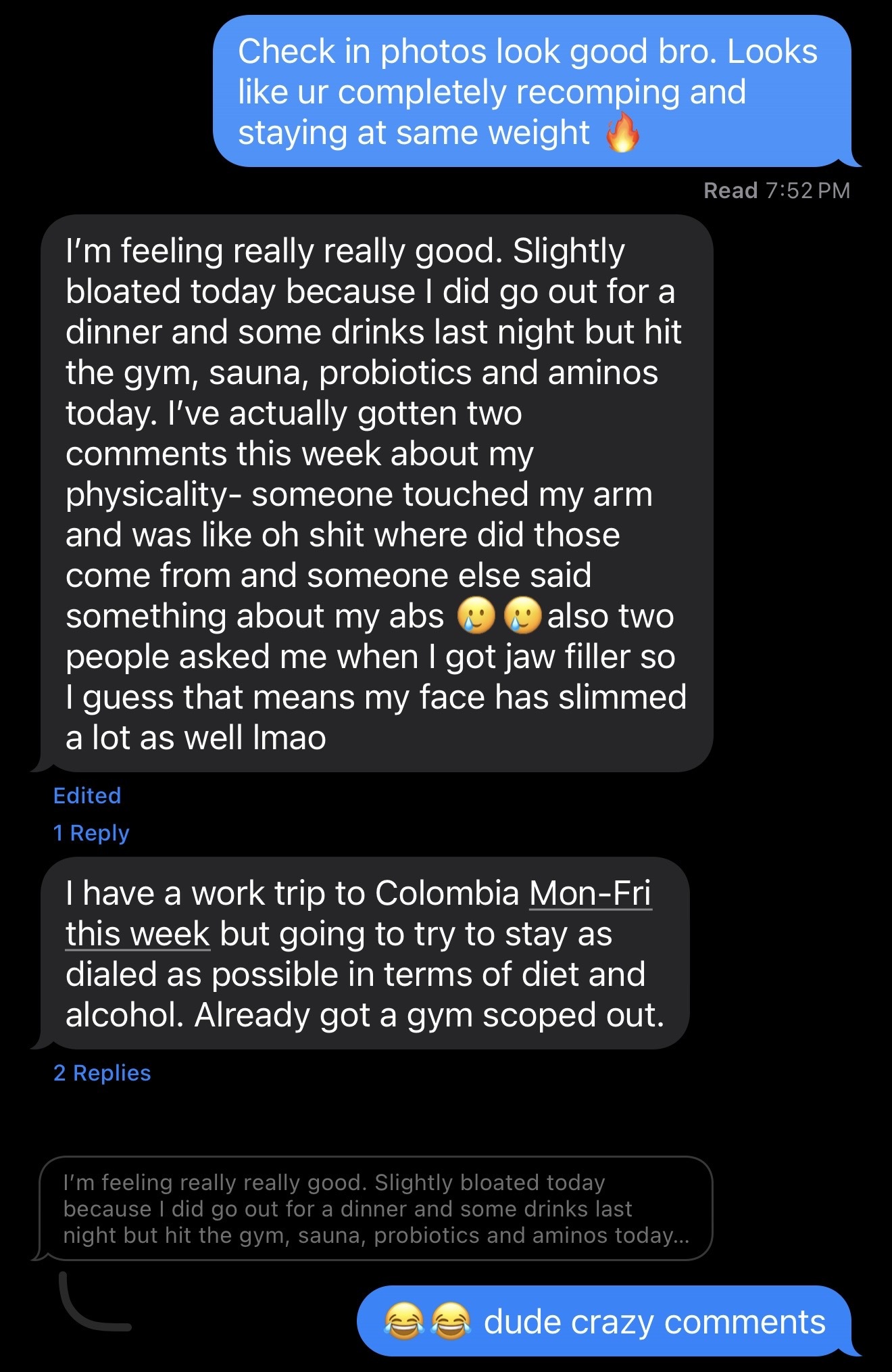 Client testimonial message about physical changes and compliments