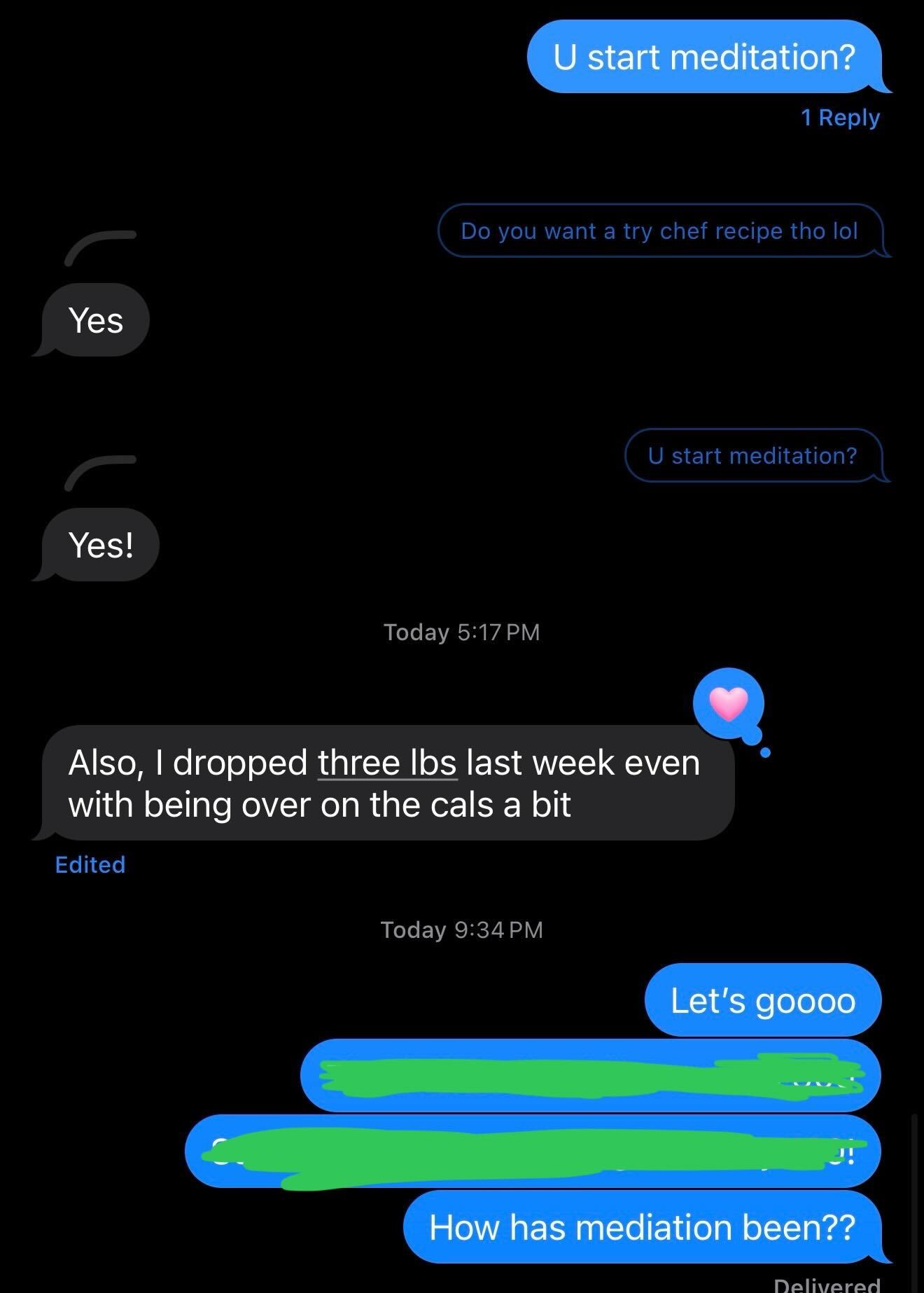 Client testimonial message about dropping 3 lbs and meditation