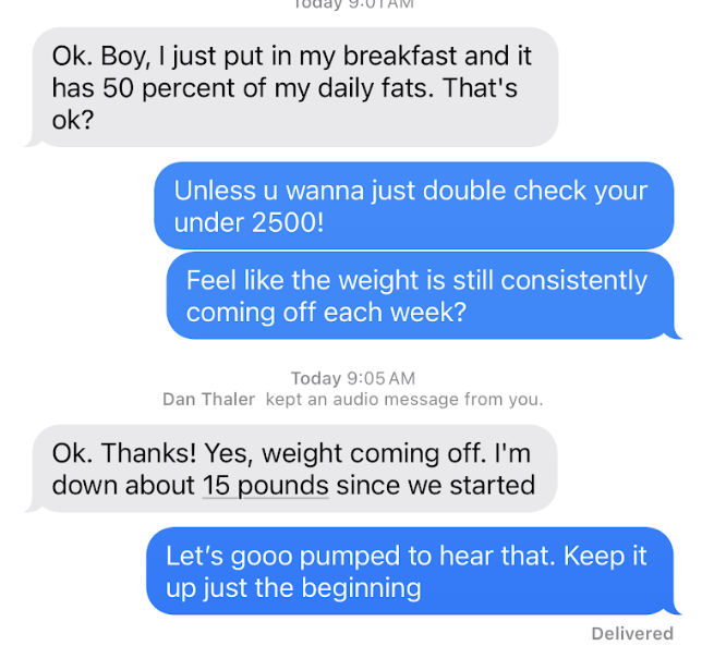 Client testimonial about 15 pounds weight loss and consistent progress
